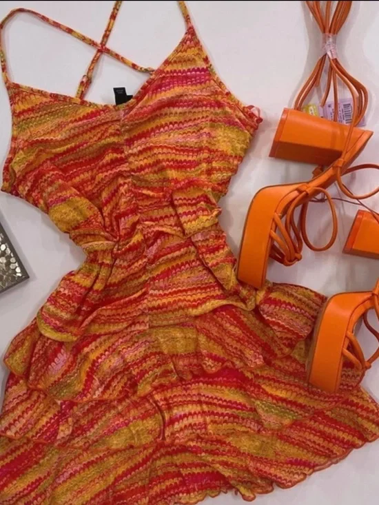 NEW wild fable Orange and Pink Striped Mini Dress Ruffle STRAPPY - Picture 4 of 6